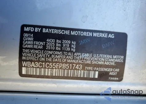 2015 BMW 328 I Sulev z USA, uszkodzony, nr VIN WBA3C1C55FP851743